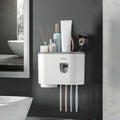 No-Drill Wall Mounted Toothbrush Holder, Bathroom Shelf, with Automatic Toothpaste Dispensers 4 Brush Hooks1 Magnetic Cups 1 Cosmetic Drawer Organizer and Large Storage (1 Dispenser 1 Cup)