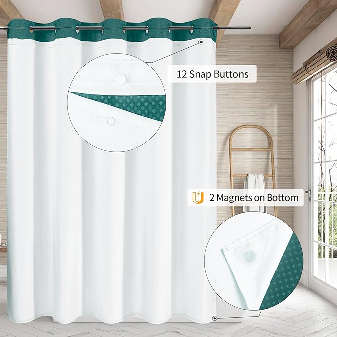 MitoVilla No Hooks Needed Extra Long Shower Curtain Liner Set, Green 86 inch XL Heavyweight Waffle Cloth Shower Curtains Set with Snap-in Liner for Modern Luxury Hotel & Spa Bathroom Decor