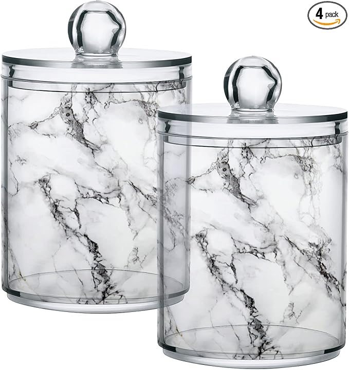 MNSRUU 4 Pack Qtip Holder Organizer Dispenser Stylish White Marble Texture Bathroom Containers Bathroom Vanity Storage Canister Apothecary Jars for Cotton Swabs/Pads/Floss