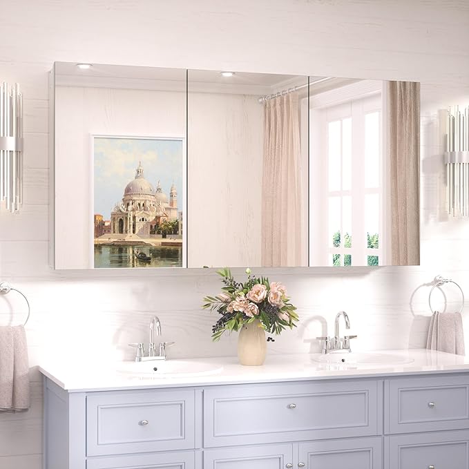 TokeShimi 48x24 Bathroom Medicine Cabinet with Mirror Tempered, Aluminum Silver Mirrored Medicine Cabinet Recessed or Surface Mount with Adjustable Storage Metal for Modern Farmhouse