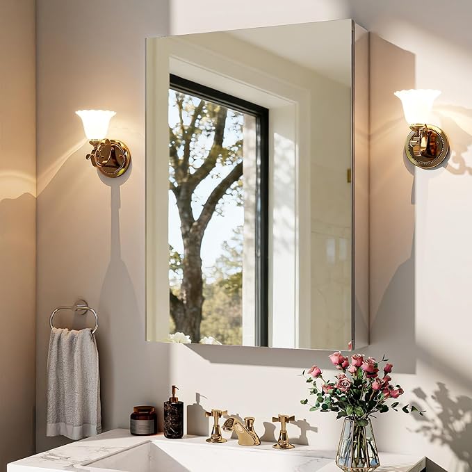 BEAUTYPEAK 16 x 24 Inch Medicine Cabinet with Mirror, Wall Mounted Bathroom Mirror Cabinet, Medicine Cabinet Mirror with Storage & Adjustable Shelves