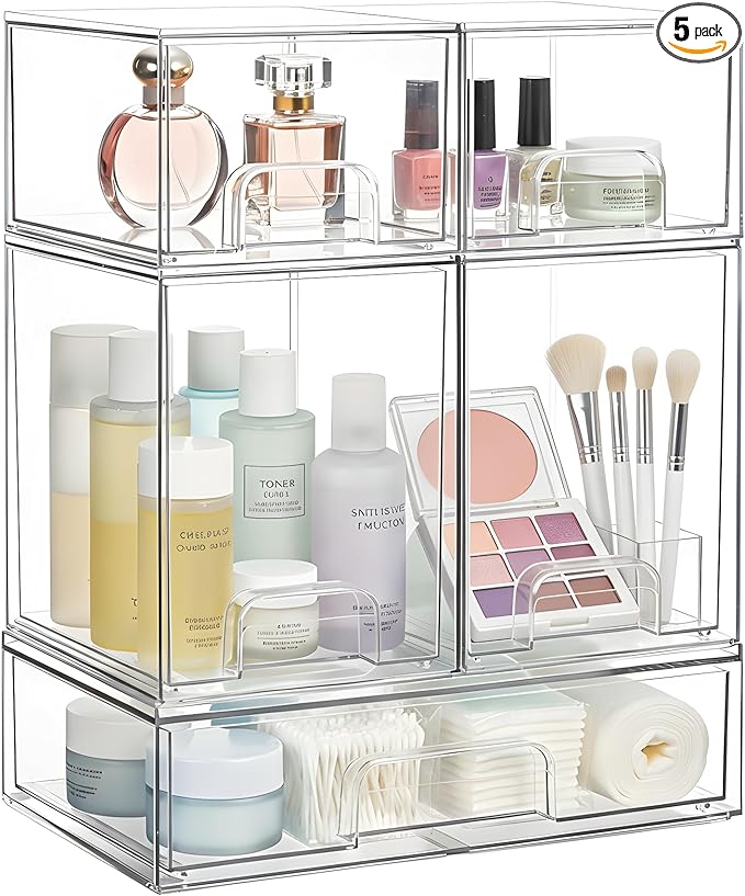 Stackable Storage Drawers Set of 5 Pack, Clear Bottles Organizer for Baby Bottle, Cosmetics, Acrylic Organizers and Storage for Bathroom,Vanity, Pantry, Cabinet, Kichen Countertop