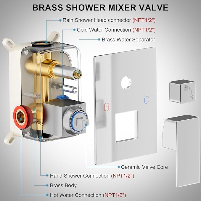 Shower Faucet Set Bathroom Square Rain Shower Head and Handle Set, Wall Mounted Shower Fixtures With Shower Valve and Trim Kit 12 inch Polished Chrom