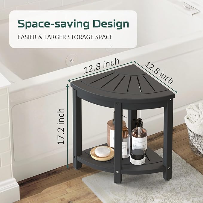 Waterproof Corner Shower Stool for Inside Shower, Poly Lumber Shower Bench Seat Chair, Bath Shower Stool for Shaving Legs Foot Rest with Storage Shelf, Adjustable & Non-Slip Feet, Black