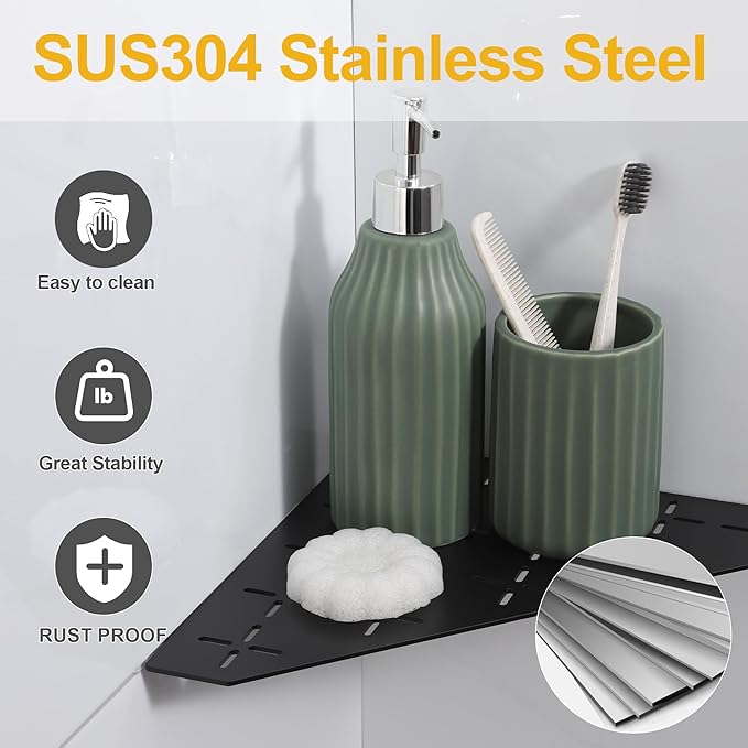 Recessed Corner Shower Shelf, 10" SUS304 Stainless Steel, Heavy Duty Shower Shelf, Grout in Bathroom Shelves for Tile Walls (2 Pack, Cross-Matte Black)
