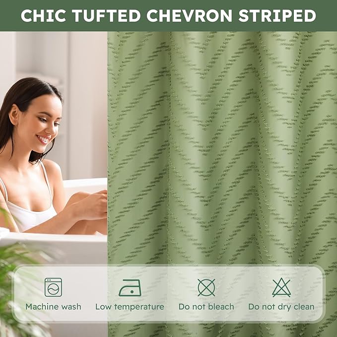 No Hook Shower Curtain and Snap in Liner Set Sage Green Tufted Chevron Striped Cloth Waterproof Washable Fabric Boho Modern Bath Curtain See Through Mesh Top Window for Bathroom Hotel 71" x 86"