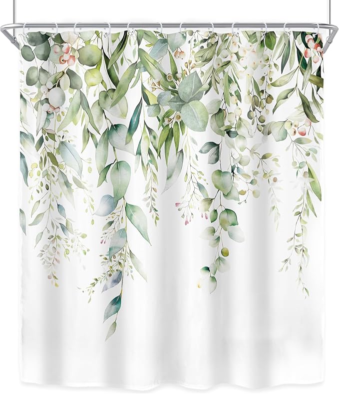 Riyidecor Sage Green Eucalyptus Leaves Shower Curtain for Bathroom Decor 60Wx72H Leaf Plants Botanical Spring Natural Floral Watercolor Art Printed Fabric Polyester Waterproof 12 Pack Plastic