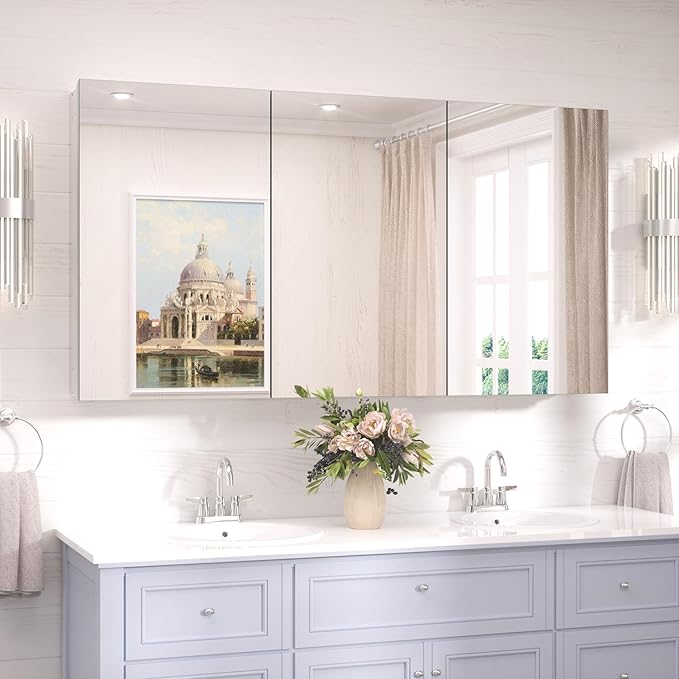TokeShimi 48x26 Recessed Medicine Cabinet with Mirror Aluminum, Silver Tempered Frameless Bathroom Mirror with Storage Adjustable, White Wall Mounted Medicine Cabinet for Bathroom Farmhouse
