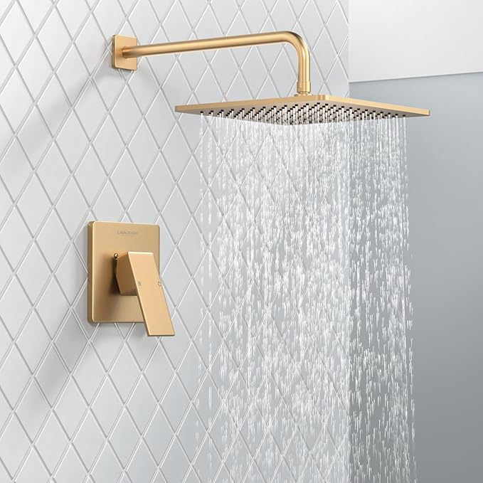 Lava Odoro 12-inch Modern Square Shower Faucet Set Champagne Gold, Shower Trim Kit with Rough-in Valve High Pressure Gold Rainfall Shower Head and Handle Set, (Valve Included), SF106-CB