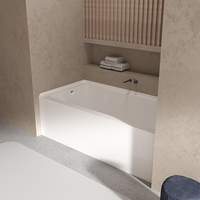 Acrylic Alcove Bathtub 60×30 Inch Drop-In Bathtubs – Left Hand Drain & Overflow, Space-Saving Drop-In Soaking Tub with Skirted Front, Recessed Bathtubs Ideal for Apartment or Guest Bathroom