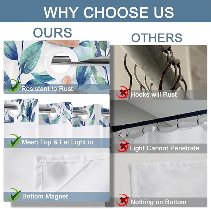 No Hook Shower Curtain and Liner Set, Blue Eucalyptus Floral Shower Curtains for Bathroom, Bath Curtain Sets with Snap in Liner, Waterproof with See Through Top Window, 71x74 Inches