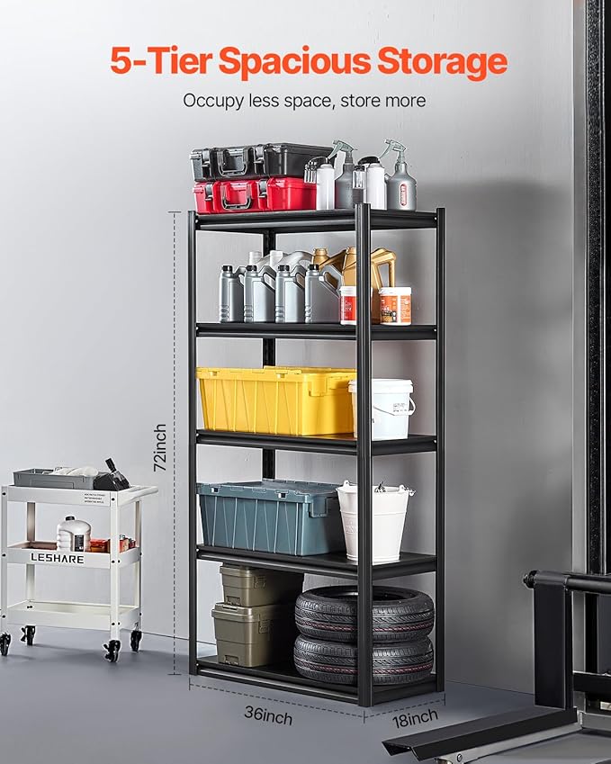 VEVOR Storage Shelves, 2000 lbs, 5 Tier Garage Storage Shelving, 18" D x 36" W x 72" H Adjustable Metal Shelves for Garage Shelves Utility Rack Shelf, Ideal for Kitchen, Warehouse, Basement, Black
