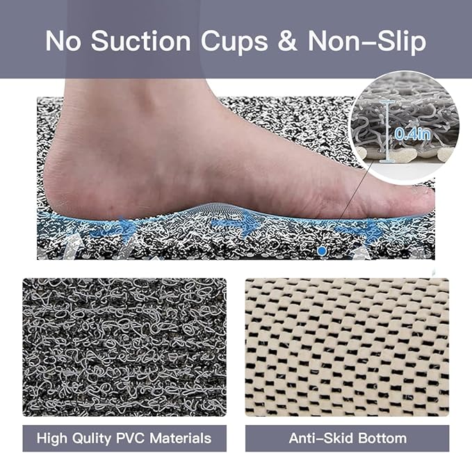 Shower Mat Non Slip,27 x 27 Inch Extra Large Bath Mat with Drain,Soft Square Loofah Shower Stall Mat Bathtub Mat for Bathroom,Without Suction Cups (Black White)