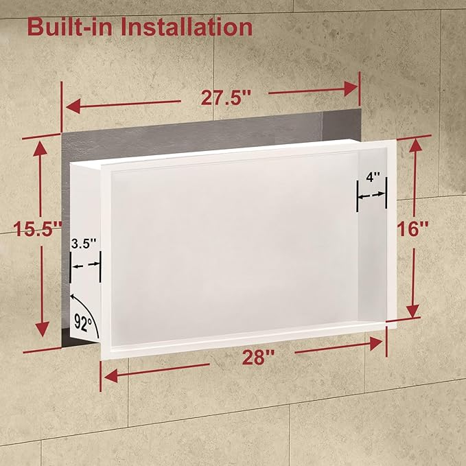 Shower Niche, 16 * 28Stainless Steel Elegant Bathroom Niche, No Tile Needed Recessed Shower Shelf Organizer for Storage，Warm White
