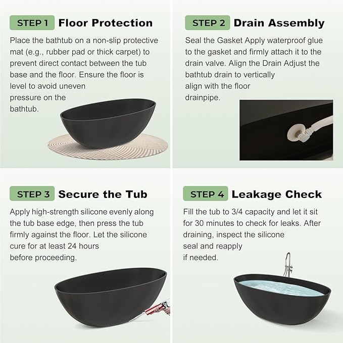 67" Premium Solid Surface Freestanding Bathtubs, Matte Black Oval Stone Resin Tub with Overflow and Pop-up Drain