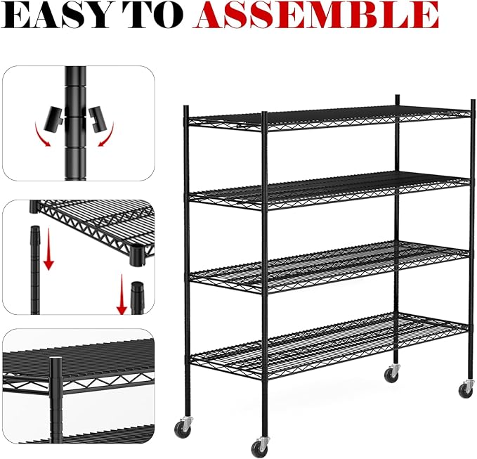 2560LBS Storage Shelves 59"W Metal Shelving Unit 4 Tier Wire Shelving Commercial Adjustable Garage Shelving Heavy Duty for Storage Rack for Pantry, Garage, Kitchen, 59" W x 19.5" D x 62.3" H