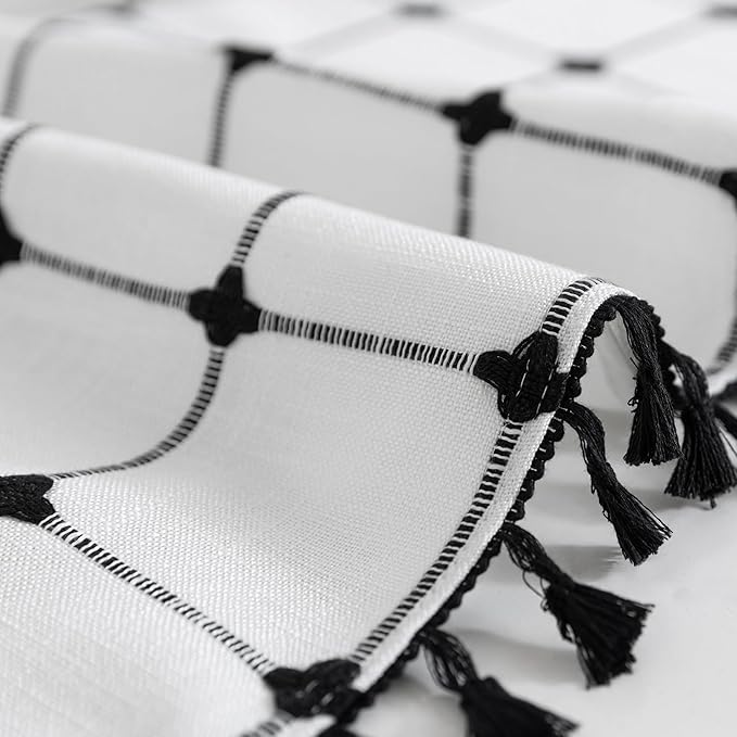 ROSERY No Hook Shower Curtain with Snap in Fabric Liner Set, Boho Farmhouse Black and White Woven Jacquard Grid Shower Curtain for Bathroom with Tassel, Checkered Pattern, 71" W x 74" L