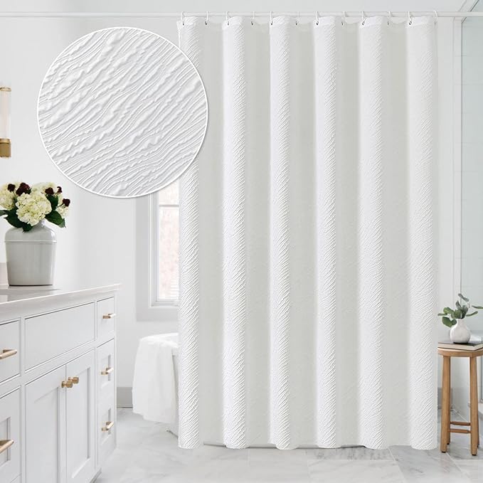 MitoVilla White Modern Fabric Shower Curtain, Farmhouse Waves Cloth Shower Curtains for Neutral Hotel Bathroom Decor, 3D Geometric Embossed Textured, Waterproof & Wrinkle Resistant, 72 x 72