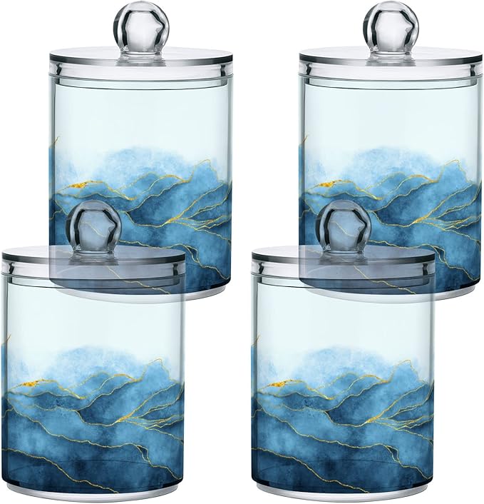 4 Pack Qtip Holder Organizer Dispenser Blue Watercolor Marble Bathroom Containers Bathroom Vanity Storage Canister Apothecary Jars for Cotton Swabs/Pads/Floss