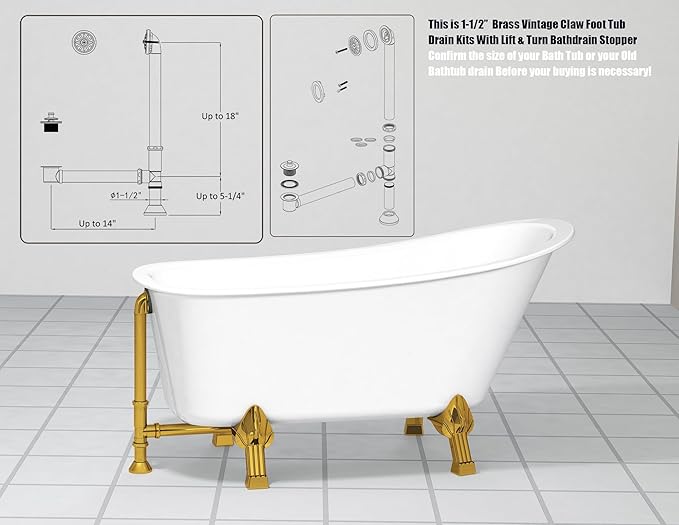 Artiwell Vintage Claw Foot Tub Drain Kit with Lift and Turn Bath Drain Stopper, 1-1/2" Brass Tubular Leg Tub Bathtub Waste and Overflow Drain Assembly with Drain Plug and Bathtub Overflow Cover