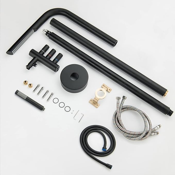 RBROHANT Outdoor Shower Brass Outside Shower Kit for Backyard Garden Pool Beach, Freestanding Outdoor Shower Fixtures with Overhead Shower Head and Handheld, Floor Mounted, Matte Black, RB0091