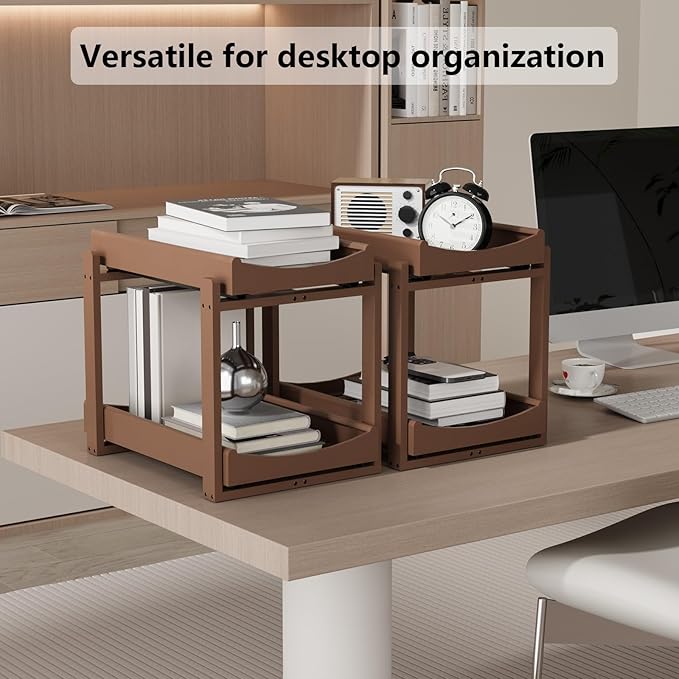Bamboo Under Sink Organizer Adjustable Height 2 Tier Bathroom Organizer Pull Out Cabinet Storage Kitchen Heave Duty Wood Slide Ou Shelf for Kitchen Bathroom (Brown, 2 Packs)