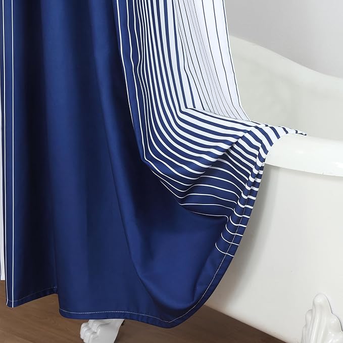 Extra Long Blue Shower Curtain, Modern Navy Blue and White Gradient Vertical Stripe Waterproof Polyester Shower Curtains for Bathroom, 72x84 Inches
