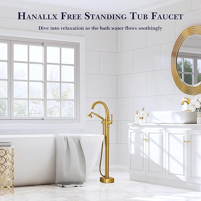 Free Standing Tub Faucet, Hanallx Luxury Brushed Gold Freestanding Bathtub Faucet with Sprayer, Premium Brass High Flow Rate Floor Mount Tub Filler Swivel Spout, Roman Tub Faucet Set（HM88011-BG）
