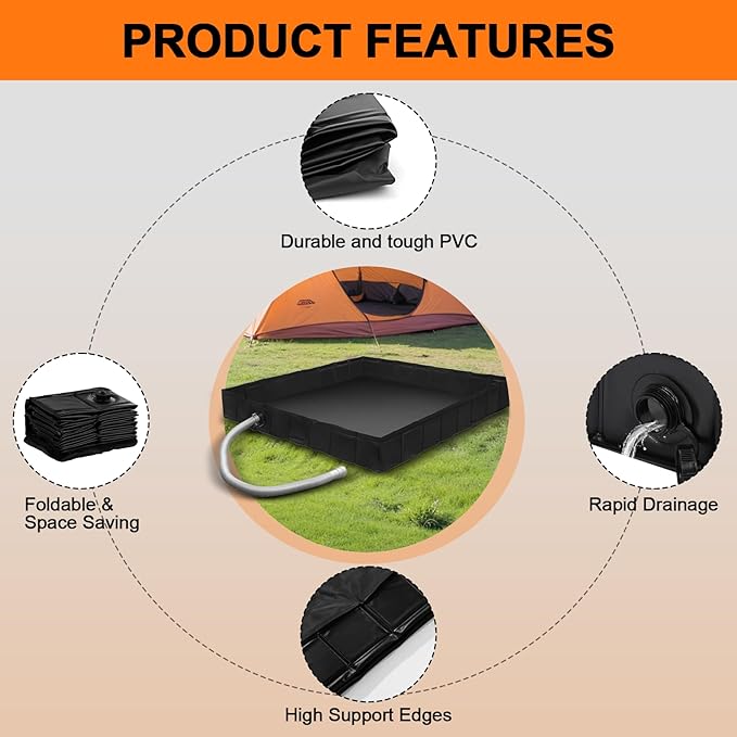 Portable Shower Base, Foldable Camping Shower Pan with Drain and Clamp to Keep Feet Clean Shower Basin Floor for Camping Showe, Beach, RV, Pte Bath Indoor Outdoor, 41" x 41" x 5"