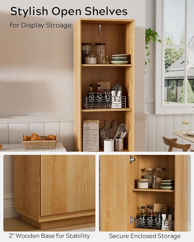 67" Tall Bathroom Storage Cabinet with Door & Adjustable Shelves Modern Narrow Tower Cabinet Slim Freestanding Tower Organizer for Small Spaces, Kitchen, Living Room, Natural Oak
