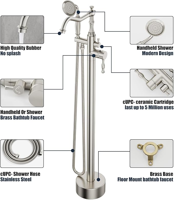 Brushed Nickel Bathtub Faucet Freestanding Tub Filler High Pressure Single Handle Bathtub Filler Floor Mounted Brass Bathroom Tub Faucets with Handheld Shower