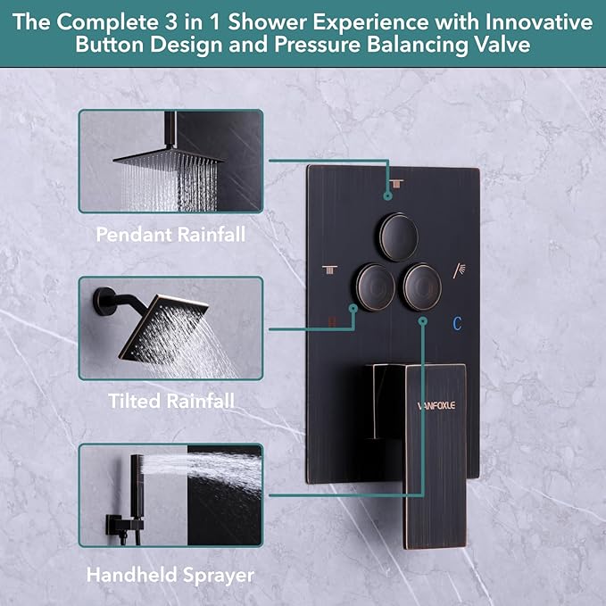 VANFOXLE Shower Faucet Set Oil Rubbed Bronze Shower System,Push Button Diverter Shower Faucet with 2 in 1 Handheld,Ceiling Mount 12 Inch Shower Head with 6 Inch Wall Mount Shower Head