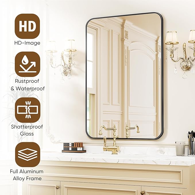 Antok Bathroom Mirror, 36"x24" Wall Mirror, Decorative Mirrors Vanity Mirror Aluminum Alloy Frame Contemporary Rectangular Hanging Mirror for Living Room Bathroom Entryway,Black,Round Corner