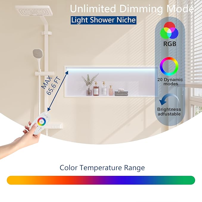 RGB LED Light Shower Niche, White 36X12 in Stainless Steel Built-in Storage with Remote Control, Waterproof No Tile Needed Wall Niche for Bathroom Storage Built-in Installation