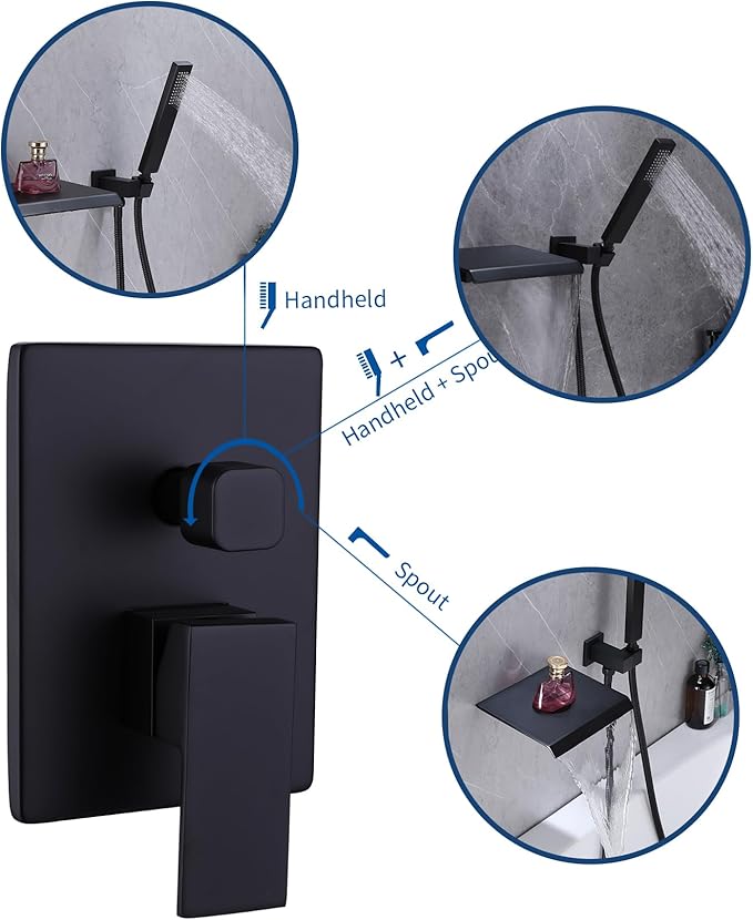 Taplong Wall Mount Tub Faucet with Waterfall Tub Spout Wall Mounted Tub Filler with Handheld Sprayer Black Bathtub Faucet Solid Brass Single Handle Shower Faucet Set with High Flow Rough in Valve