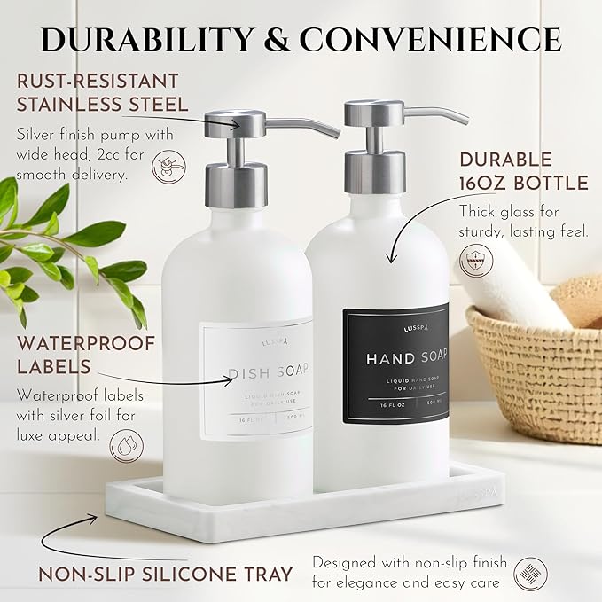 Lotion, Hand & Dish Soap Dispenser for Kitchen Sink - Bathroom Soap Dispenser Set of 2 16.8 Oz Glass Bottles with Stainless Steel Pump, 15 Water Proof Labels & Silicon Tray (White/Silver)