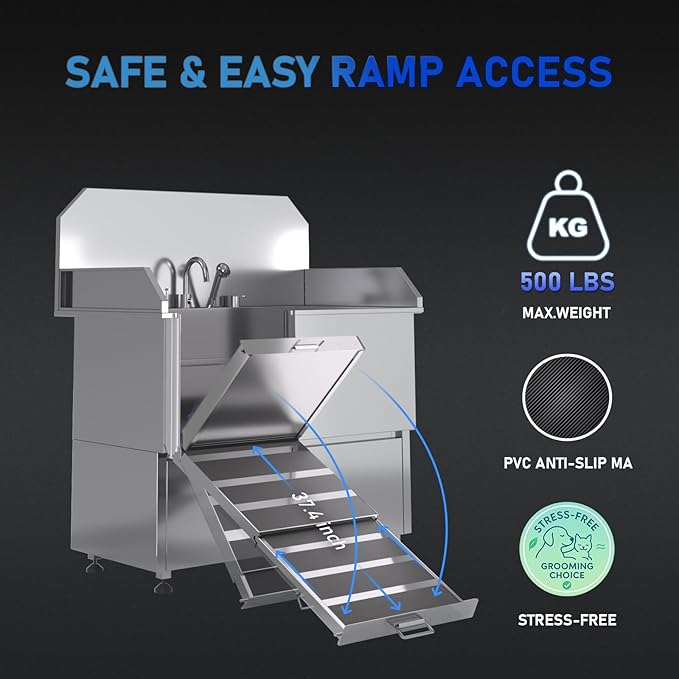 Dog Washing Station – 50 inch Professional 304 Stainless Steel Grooming Tub w/Ramp, Drawer, Faucet & Floor Grate, Dog Bathing Station for Large, Medium & Small Pets, 19" Leak-Proof Deep Soak