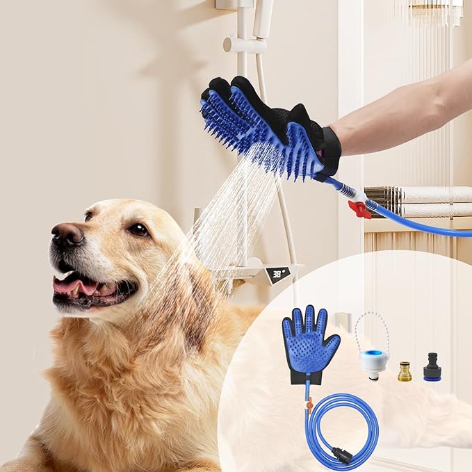 Dog Shower Attachment & Dog Washing Hose Attachment – The Ultimate Dog Wash Shower Attachment with Dog Bath Gloves & Scrubber for Grooming