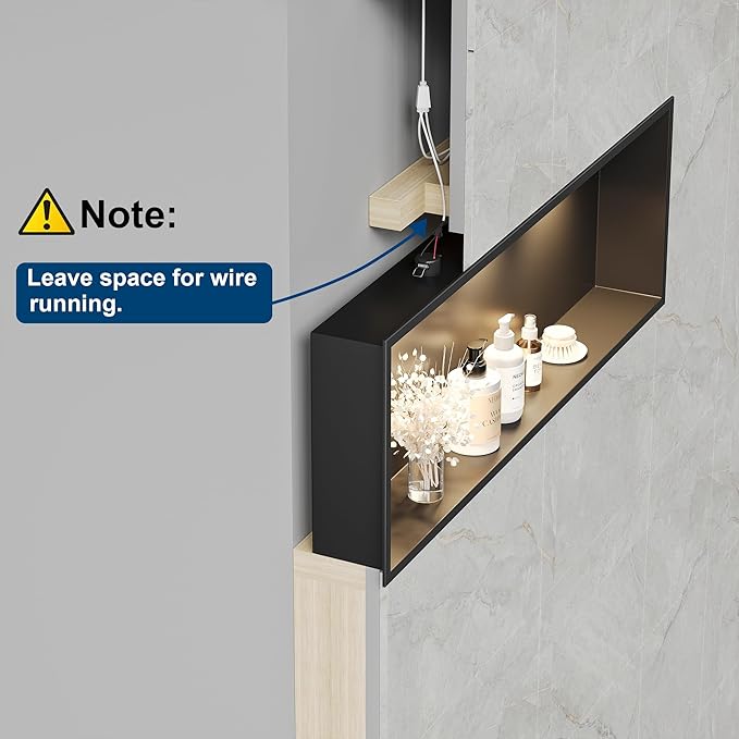 Neodrain Wall Niche with Non-dim LED Downlight - Matte Black Stainless Niche No Tile Needed 36x12 inch Shower Storage Niche
