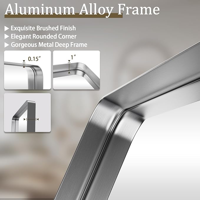 VooBang Bathroom Mirror 20x30 inch, Silver Gorgeous Deep Frame Wall Mirror, Modern Round Corner Bathroom Vanity Mirror for Bedroom, Living Room, Hanging or Leaning Horizontal or Vertical, Silver