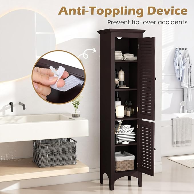 Tangkula 63" Tall Bathroom Storage Cabinet, Freestanding Narrow Linen Tower with Adjustable Shelf, Modern Slim Floor Cabinet with 2 Doors for Bathroom, Living Room, Kitchen (Brown)