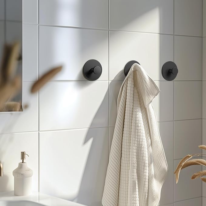Towel Hooks for Bathroom Wall - Extra Sticky Stainless, Holds up to 12LB, Coat Hooks Wall Hooks, Adhesive Door Holder Hanger Shower Accessories, Matt Black Heavy Duty, 6 Pack