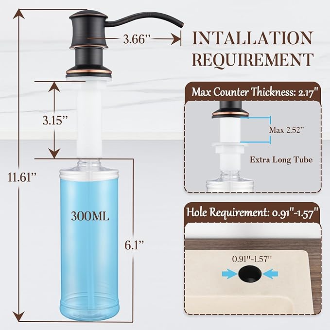 Built in Soap Dispenser for Kitchen Sink Countertop, Solid Brass Pump Head Long Spout with 10.2 Ounce PET Food Safe Material Lotion Bottle, Oil Rubber Bronze Finish