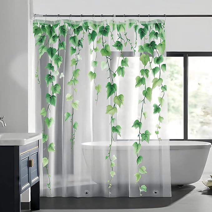 Clear Green Ivy Leaves Shower Curtain Liner, Transparent Plastic Nature Green Botanical Leaf Decorative Waterproof Shower Curtains for Bathroom, 72x78 Weighted Magnetic Shower Curtain Liner with Hooks