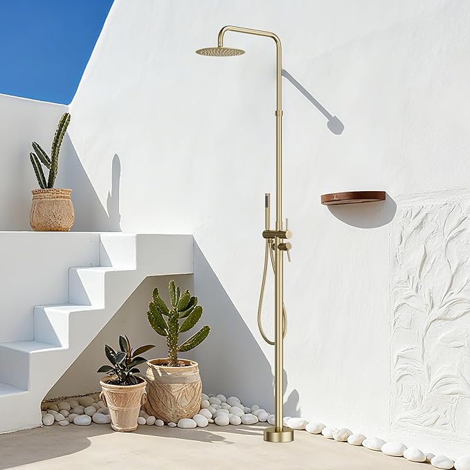 RBROHANT Freestanding Outdoor Shower Gold, Height Adjustable Stainless Steel Outdoor Showers for Backyard Garden Pool Beach, Stand Alone Outdoor Shower Hot and Cold Water, Brushed Gold, JK0456