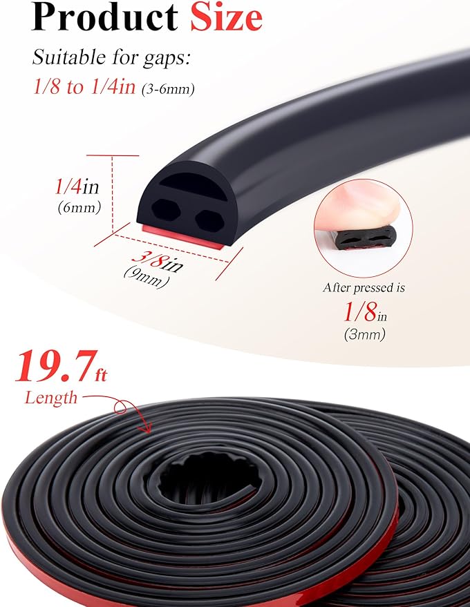 Silicone Weather Stripping - 19.7 Feet Door Seal for Soundproofing, Self-Adhesive Backing, Abrasion Resistant, for Doors & Windows (Black)