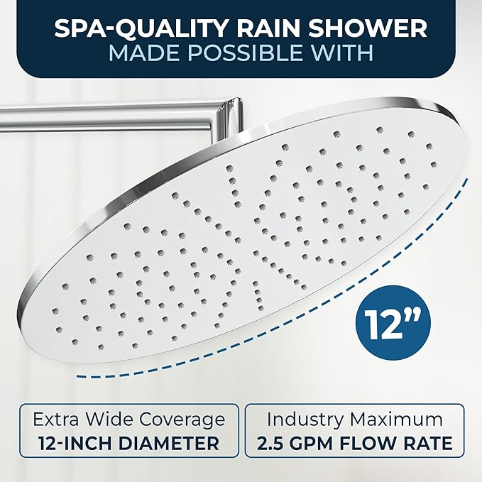 HammerHead Showers® Solid Metal 12 Inch Rainfall Shower Head, Large Rain Shower Head, 2.5 GPM High Flow Shower Head Optimized for Pressure, Wall-Mounted or Ceiling Rain Shower Head, Chrome