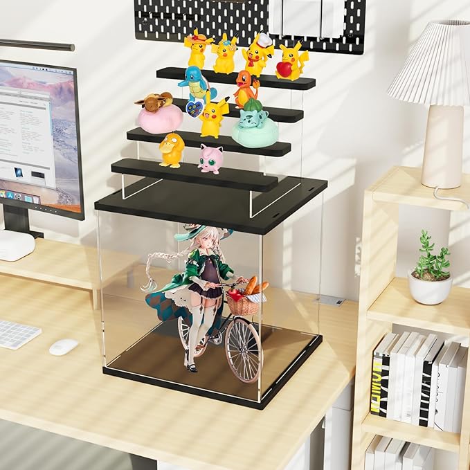 Choowin 5 Tier Clear Acrylic Lighted Display Case for Collectibles, Mini Figures, Pop Mart, Labubu, Sonny Angel, Smiski - Assemble Dustproof Display Box with Door, Stand (Black Top Base, Clear Step)