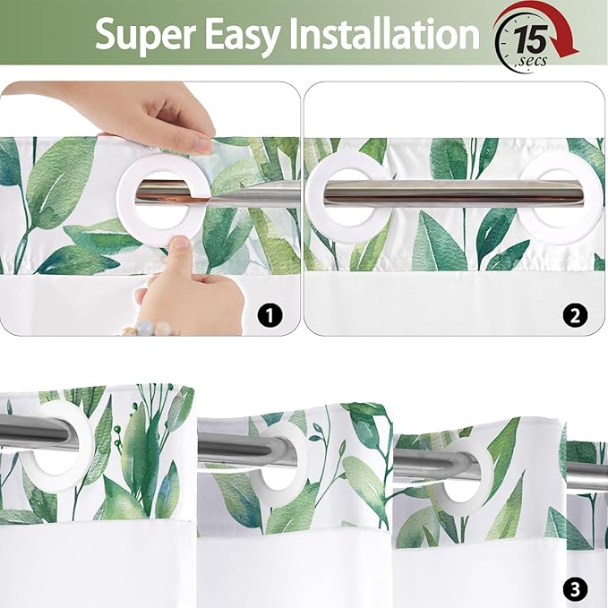 No Hook Shower Curtain and Liner Set, Light Green Eucalyptus Floral Shower Curtains for Bathroom, Bath Curtain Sets with Snap in Liner, Waterproof with See Through Top Window, 71x74 Inches