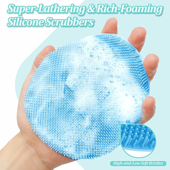 Silicone Back/Face Scrubber & Bath Glove Set 3PCS, Extendable Back Scrubber with Dual-Side Large Head, 360° Anti-Slip Bath Glove, Unique Side-Bristle Face Scrubber for All-Round Cleaning(Blue)